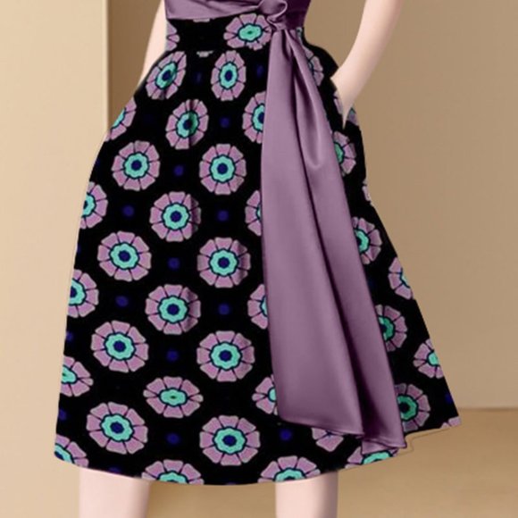 Women Blouse and Skirt Set Print Midi Skirt and Solid Blouse - Picture 5 of 6